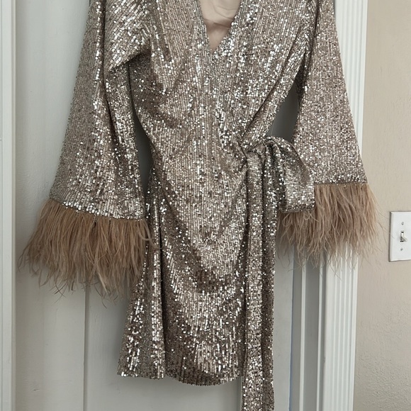 Likely Silver Sequin Wrap Dress with Feathered Cuffs - Picture 3 of 4